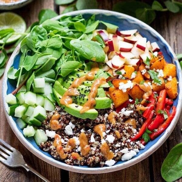 These Vegetarian Buddha Bowls with Spicy Peanut sauce make a great Winter salad – for those days when you fancy something a bit lighter for dinner.