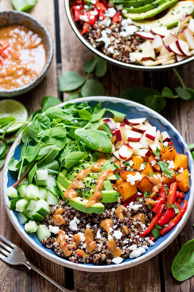 These Vegetarian Buddha Bowls with Spicy Peanut sauce make a great Winter salad – for those days when you fancy something a bit lighter for dinner.