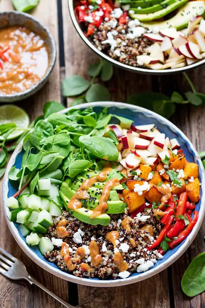 These Vegetarian Buddha Bowls with Spicy Peanut sauce make a great Winter salad – for those days when you fancy something a bit lighter for dinner.