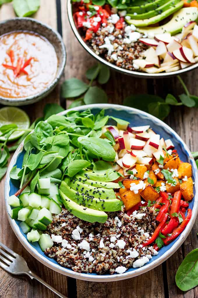These Vegetarian Buddha Bowls with Spicy Peanut sauce make a great Winter salad – for those days when you fancy something a bit lighter for dinner.