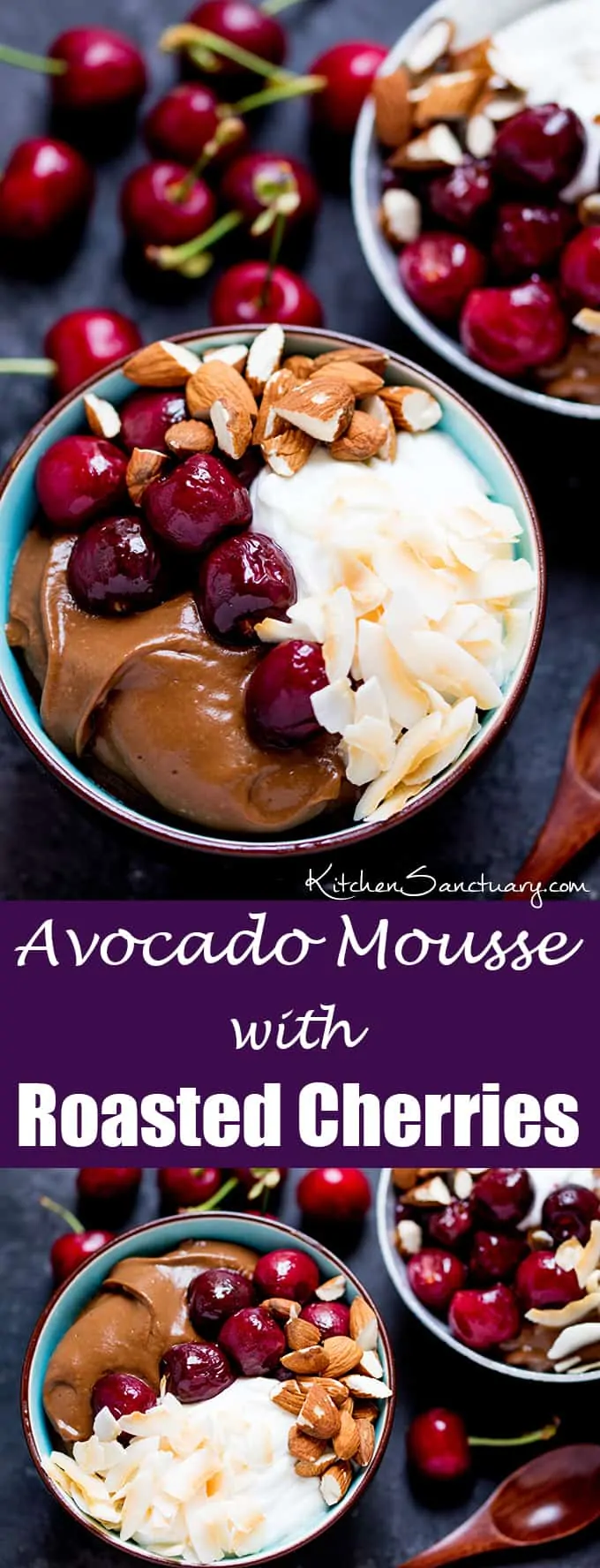 Avocado chocolate mousse bowl with roasted cherries - sweet, indulgent but healthier too!