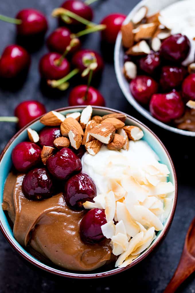 Avocado chocolate mousse bowl with roasted cherries - sweet, indulgent but healthier too!