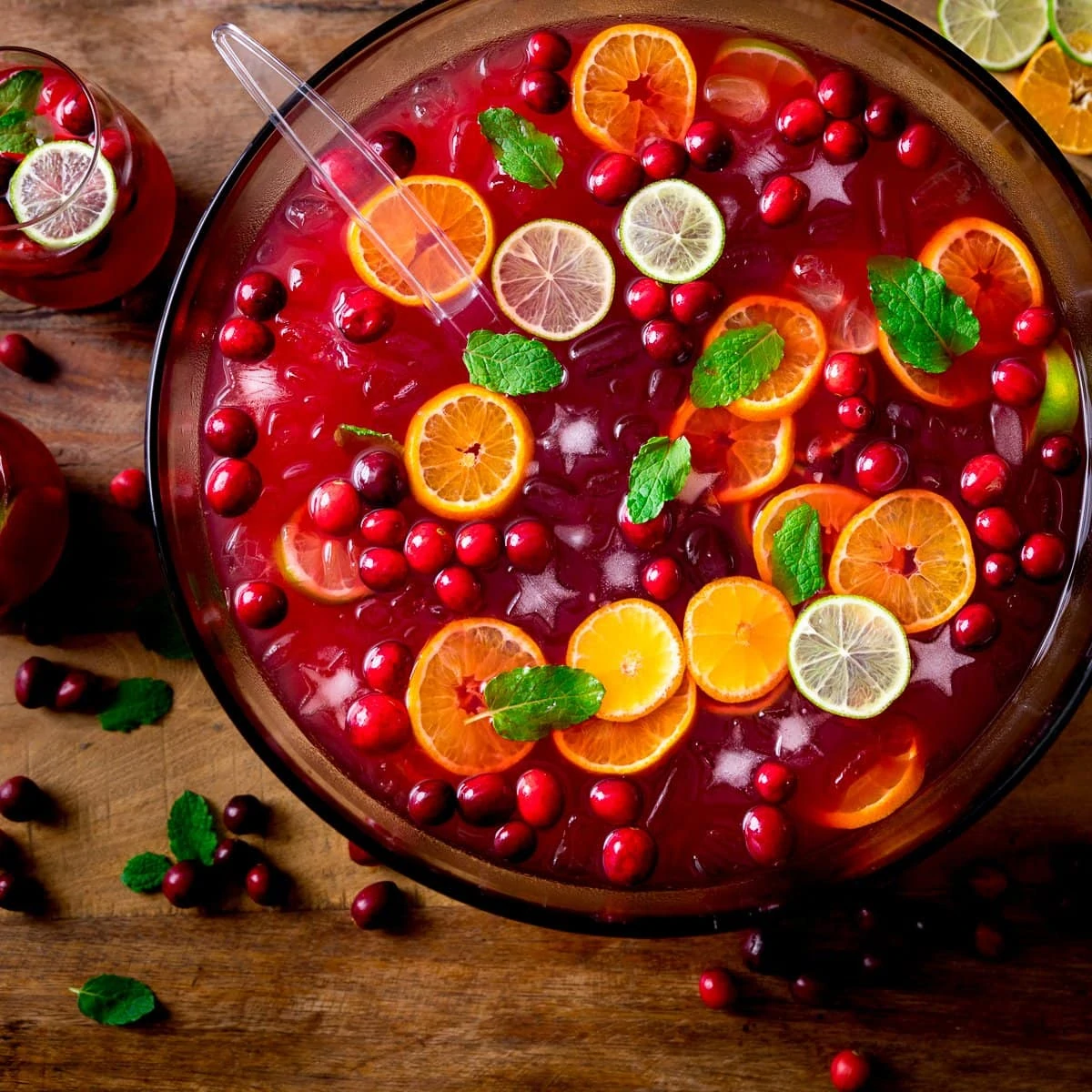 Square image of Festive Punch in a bowl topped with slices of citrus fruits and cranberries