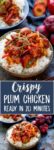 Two images with text in between. Images are of Chinese plum chicken stir fry and rice in a bowl. Further bowl at the top of the frame. Whole and halved plums and blue napkin next to bowls.