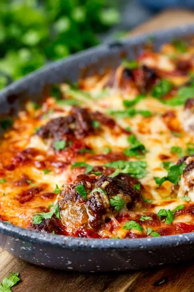 Close up of One-Pot Cheesy Baked Meatballs