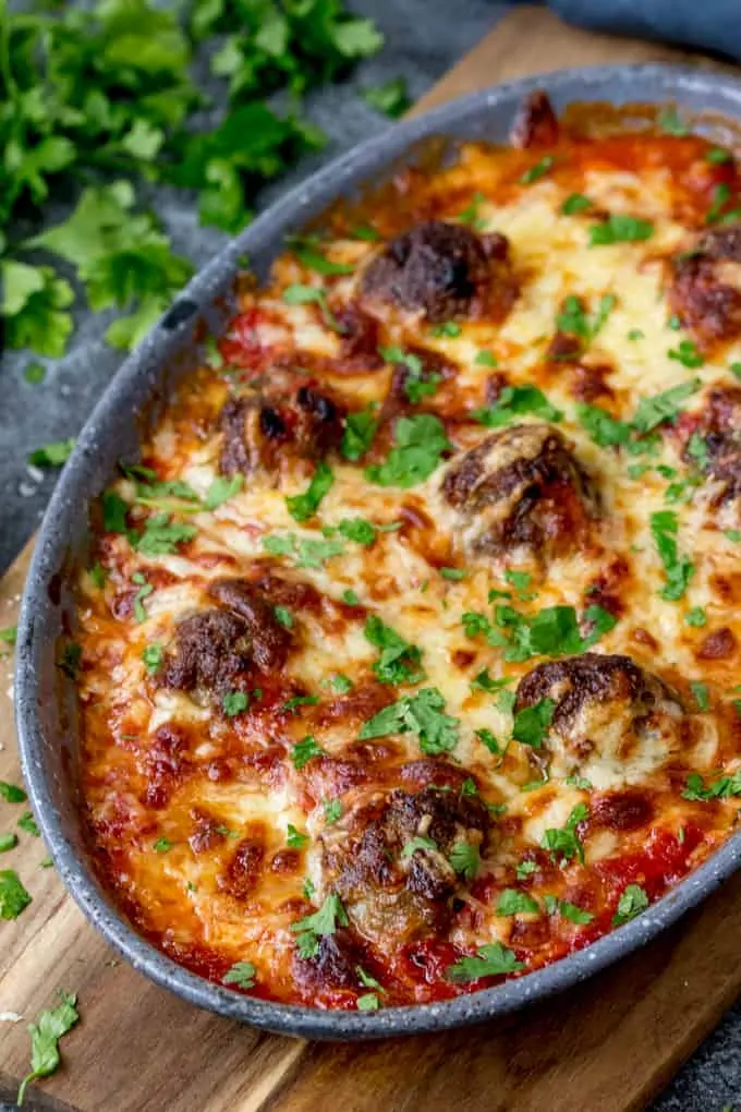 Overhead photo of One-Pot Cheesy Baked Meatballs