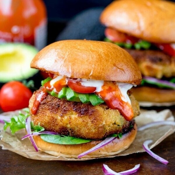 Cheesy Veggie Chickpea Burgers - easy to prepare and taste amazing!! Coated in breadcrumbs and lightly fried until crisp. Meat free and easy to make ahead!