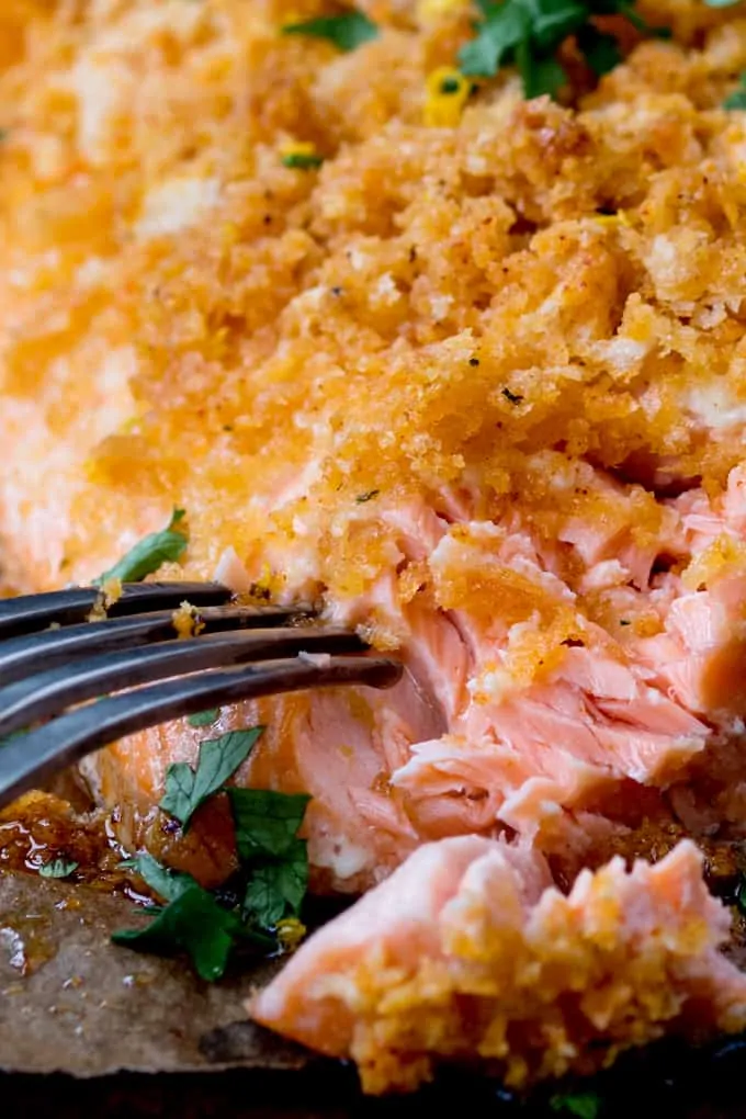 Close up shot of Garlic Bread Crusted Salmon with a fork