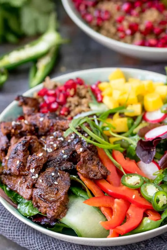 Korean Beef Bulgogi Bowl with fresh colourful veggies in a bowl