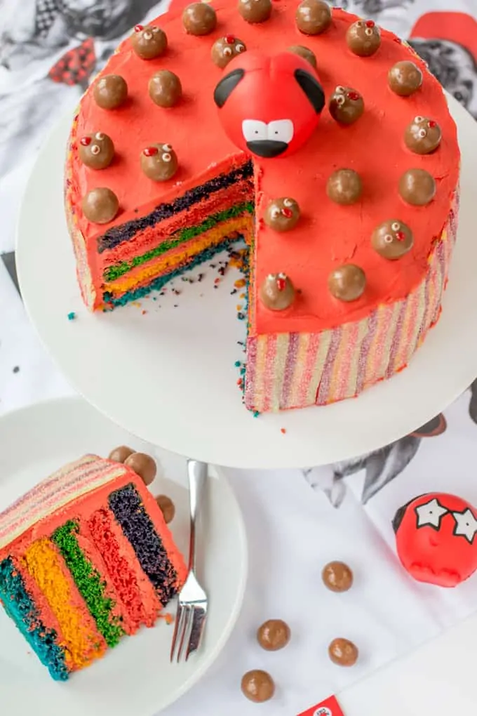 Colourful Layers, Vimto Buttercream And Fizzy Rainbow Belt Coating - Finished Off With Little Malteser Faces! All the right ingredients for a wacky Red Nose Day Rainbow Cake!