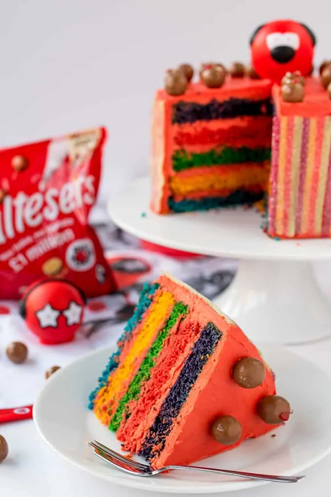 Colourful Layers, Vimto Buttercream And Fizzy Rainbow Belt Coating - Finished Off With Little Malteser Faces! All the right ingredients for a wacky Red Nose Day Rainbow Cake!