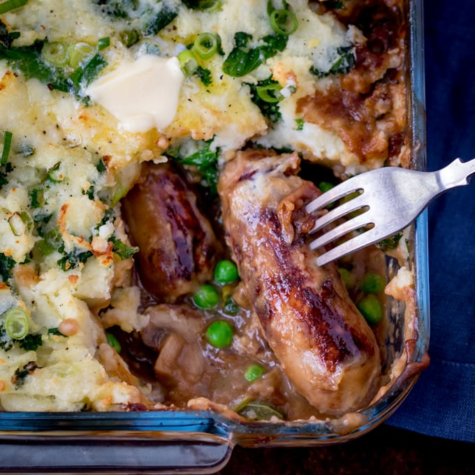 Sausage and Colcannon Bake - Comfort food, layered on top of comfort food. With gravy! Easy to make gluten free too! Great for St Paddy's Day.
