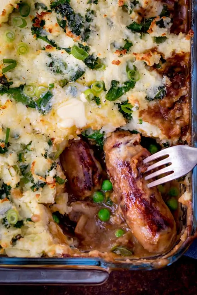 Overhead close up photo of Sausage and Colcannon Bake 