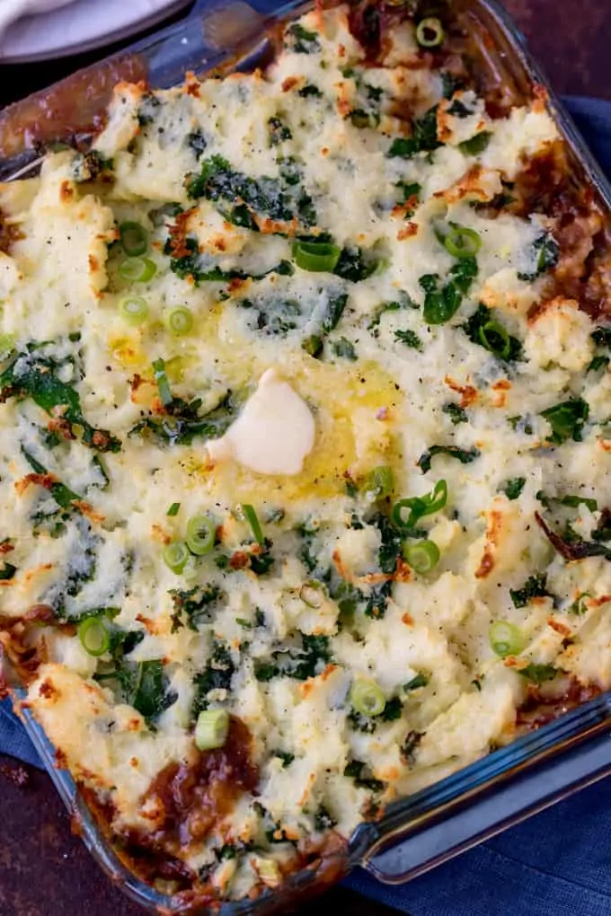 Sausage and Colcannon Bake - Comfort food, layered on top of comfort food. With gravy! Easy to make gluten free too! Great for St Paddy's Day.