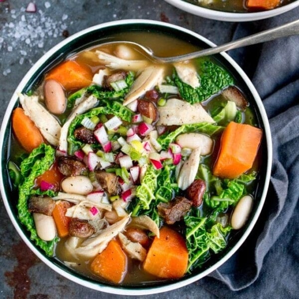 This Three Bone Soup With Veggies and Beans is a great way to make the most of your leftovers! Filling, tasty and easily made gluten free too!