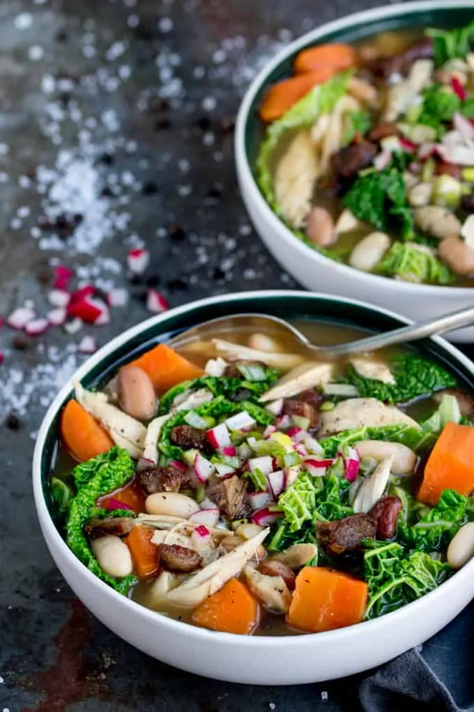 This Three Bone Soup With Veggies and Beans is a great way to make the most of your leftovers! Filling, tasty and easily made gluten free too!