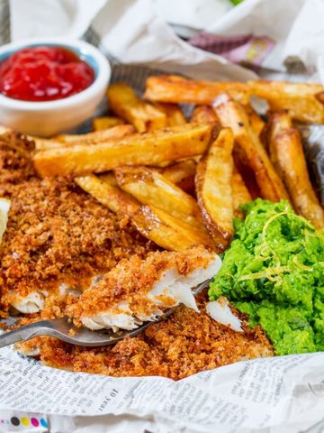 These fish and chips may be baked instead of fried, but they’ve still got all the flavour and crunch of the fried version!