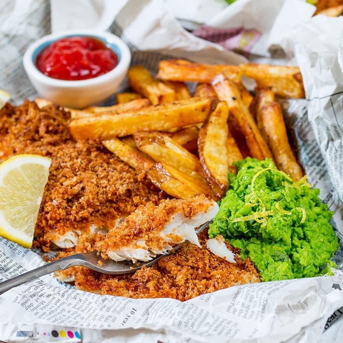 These fish and chips may be baked instead of fried, but they’ve still got all the flavour and crunch of the fried version!