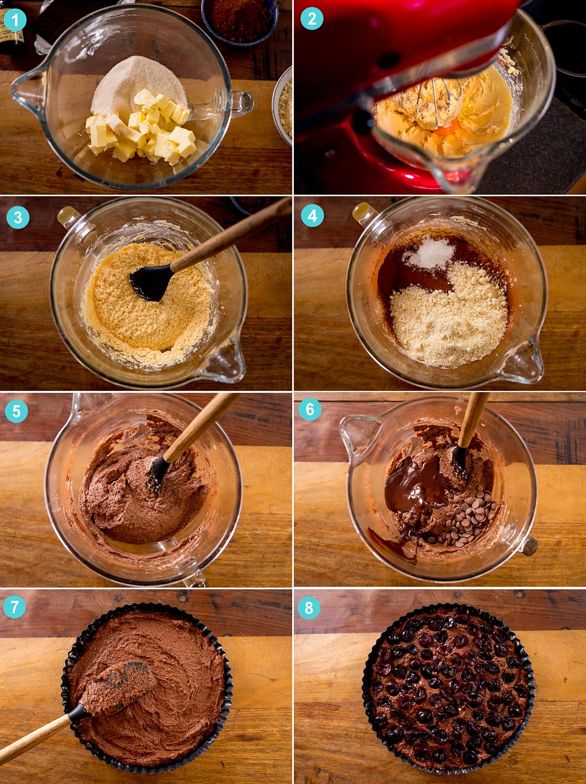 8 image collage showing how to make Chocolate Cherry Cake
