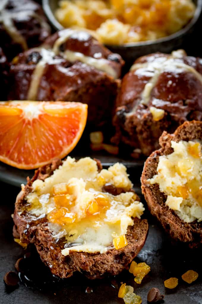 These Chocolate Orange Hots Cross Buns make a great Easter dessert or Breakfast! Serve warm, cold or lightly toasted with easy orange honey butter!