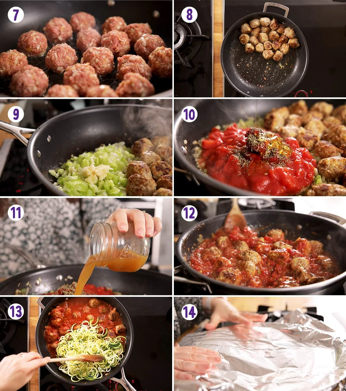 8 image collage showing final steps for making turkey meatballs with courgetti