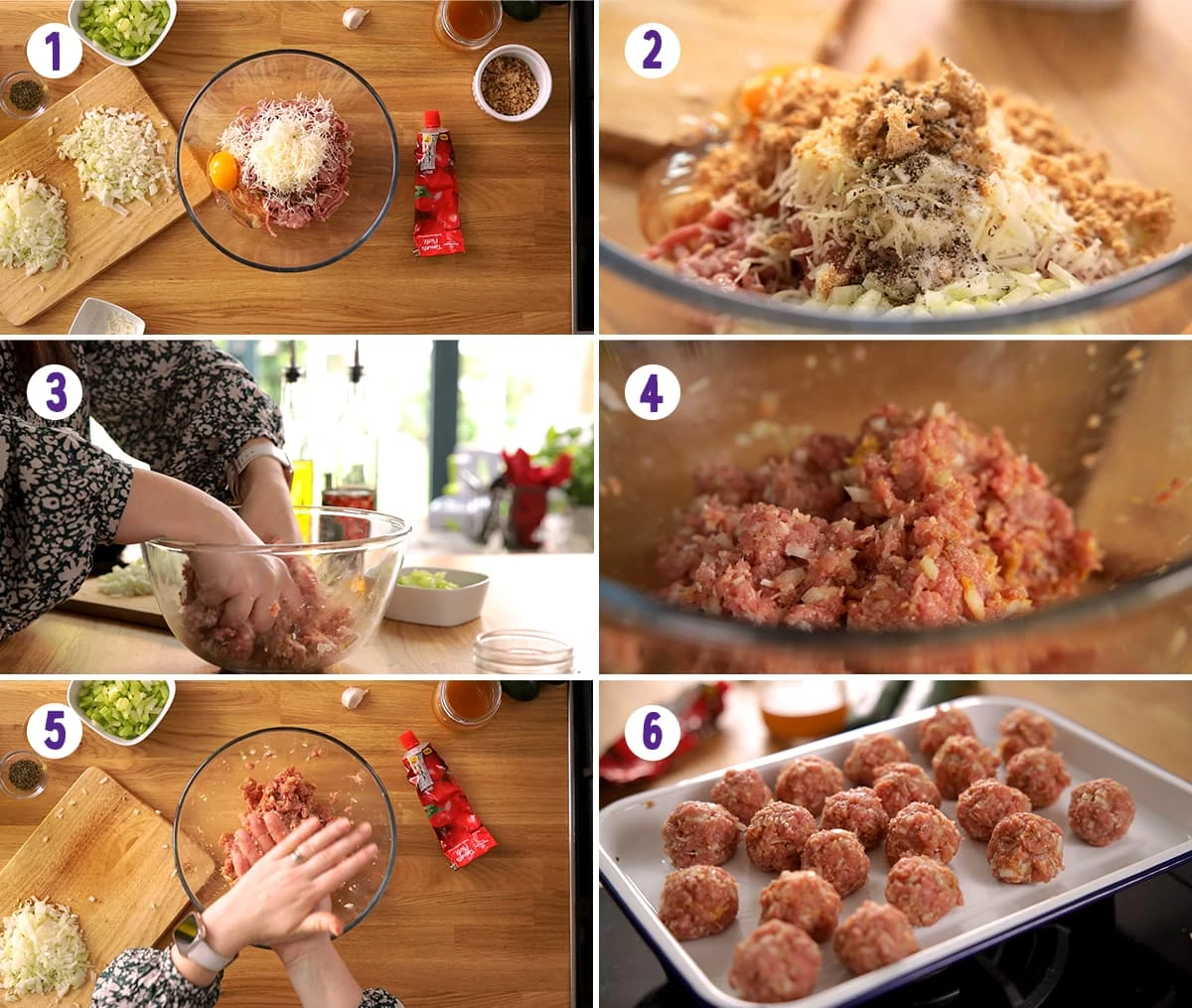 6 image collage showing initial steps for making turkey meatballs