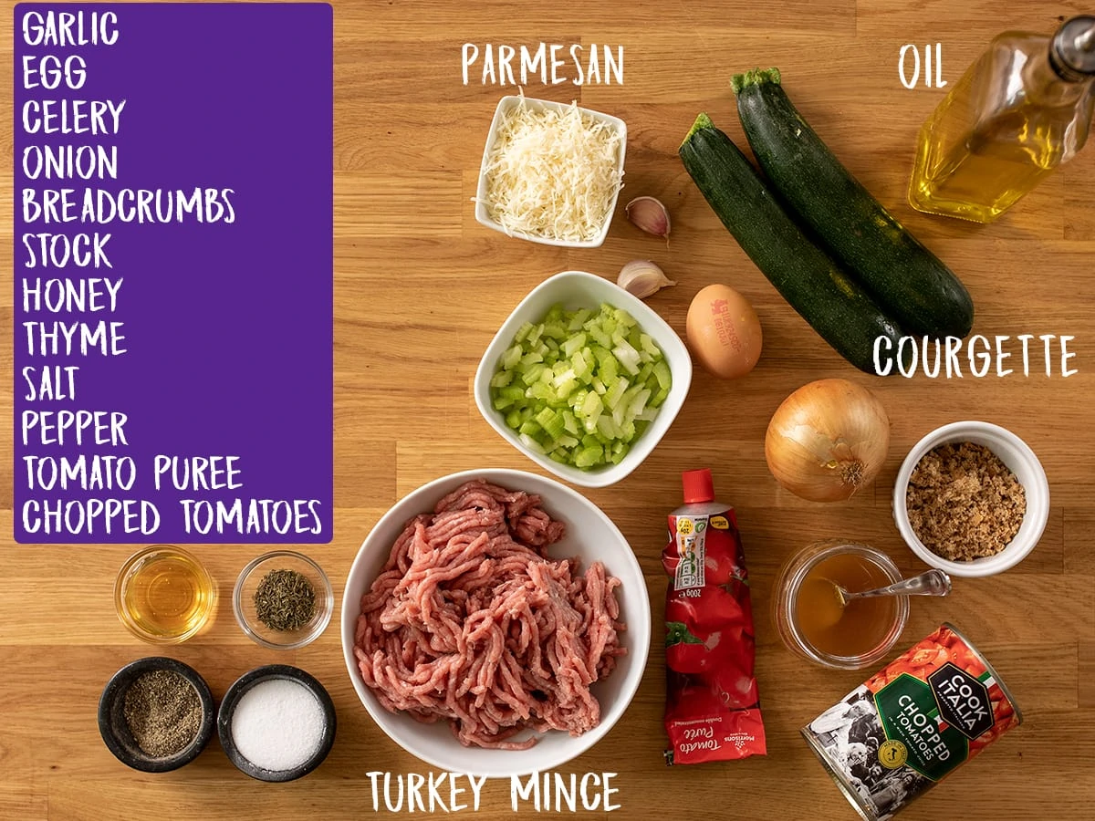 Ingredients for Turkey Meatballs on a wooden board