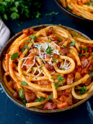Amatriciana is a simple but tasty Italian dish, made with bucatini pasta - so good!