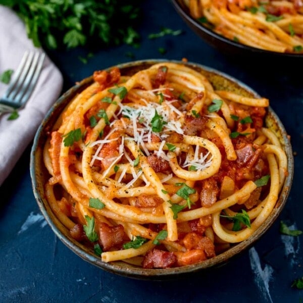 Amatriciana is a simple but tasty Italian dish, made with bucatini pasta - so good!