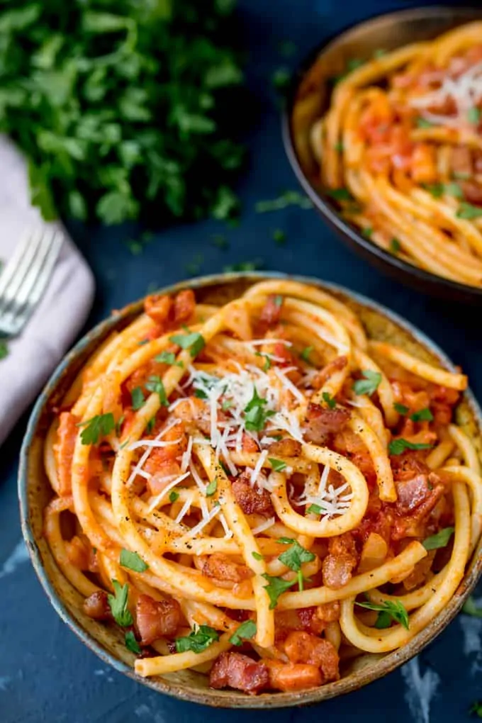 A bowl full of Amatriciana pasta