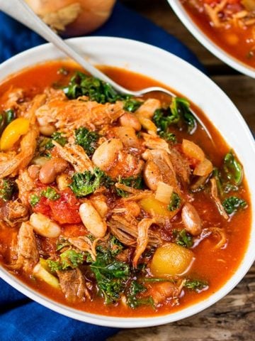 This slow-cooked pulled pork and bean soup makes a hearty and nutritious dinner. Gluten free too! It's freezable, so make a large batch!