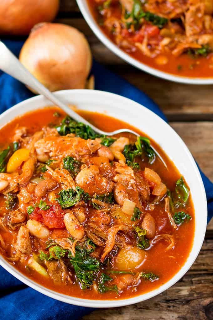 This slow-cooked pulled pork and bean soup makes a hearty and nutritious dinner. Gluten free too! It's freezable, so make a large batch!