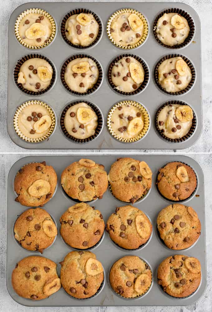 Process shots for Bakery Style Chocolate Chip Banana Muffins showing the mixture in the tray befor and after cooking