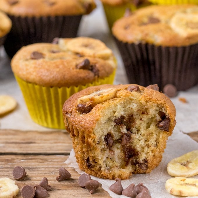 Light and fluffy Bakery Style Chocolate Chip Banana Muffins - great for breakfast on the go!