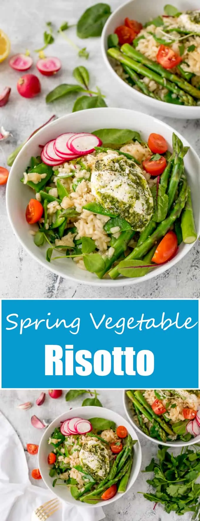 This Spring Vegetable Risotto with Creamy Pesto is creamy, cheesy and totally moreish! A fab gluten free and vegetarian dinner!