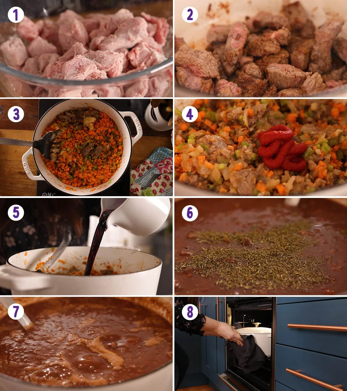 8 image collage showing how to make beef ragu