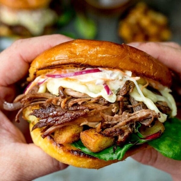 This Brisket Sandwich with garlic saute potatoes and homemade coleslaw is proper man-food - perfect for Father's day!