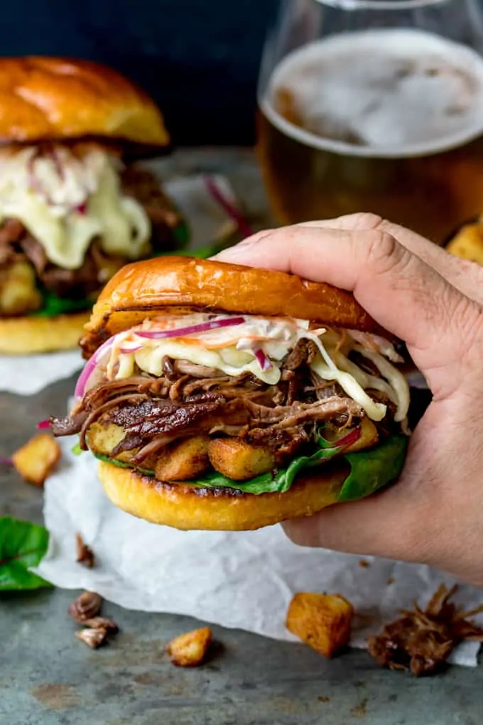 This Brisket Sandwich with garlic sauté potatoes and homemade coleslaw is proper man-food - perfect for Father's day!