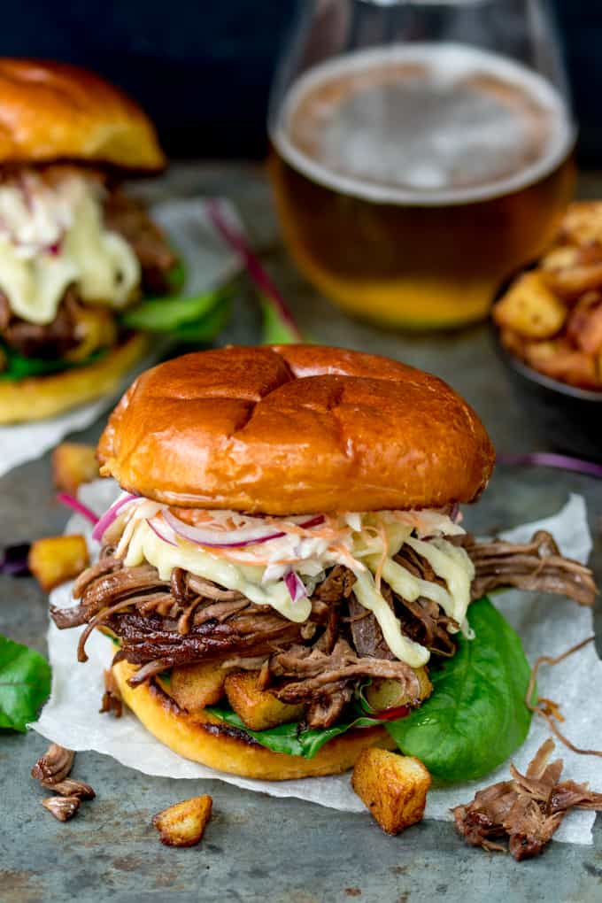 This Brisket Sandwich with garlic saute potatoes and homemade coleslaw is proper man-food - perfect for Father's day!