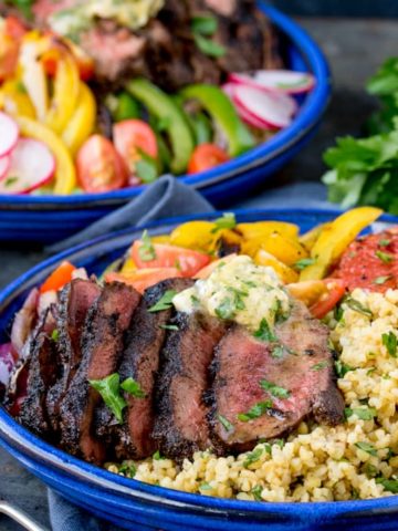 Coffee Crusted Steak Buddha Bowl with Spiced Butter. A real treat! Your questions answered - do I use fresh coffee grounds? Old grounds? Instant coffee?