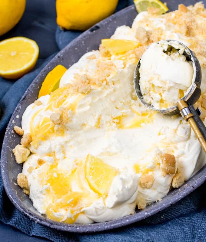 This No-Churn Lemon Shortbread Ice Cream makes a great all-in-one dessert! No special equipment needed. Easy to make gluten free too!