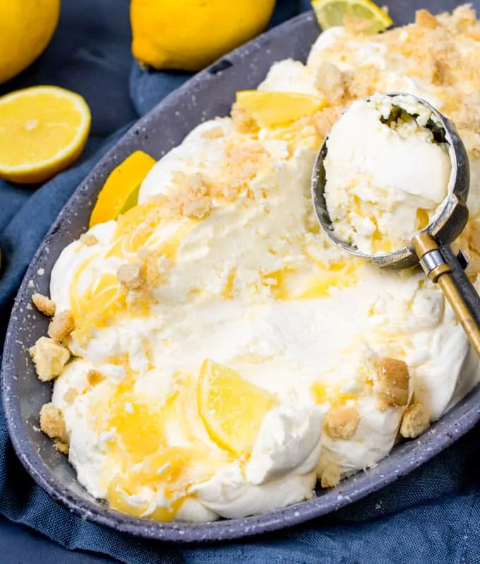 This No-Churn Lemon Shortbread Ice Cream makes a great all-in-one dessert! No special equipment needed. Easy to make gluten free too!