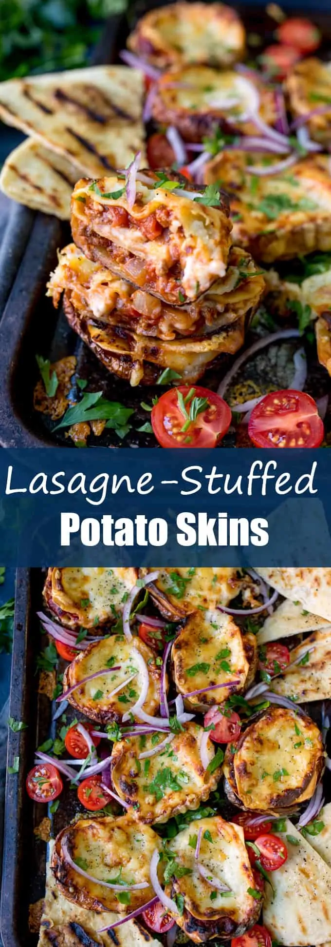 Lasagne Potato Skins - yep, this carb-fest is a winning dinner! This recipe makes a 8 potato skins PLUS a four-person lasagne to save for later.