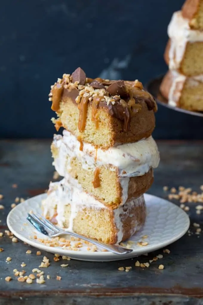 Chocolate Peanut Butter Ice Cream Cake with Salted Caramel - this three layer cake is an easy crowd-pleaser. A great Summer dessert!