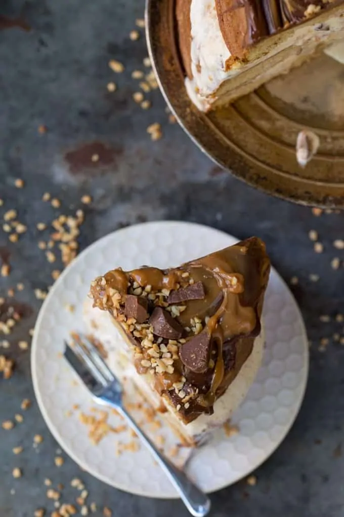 Chocolate Peanut Butter Ice Cream Cake with Salted Caramel - this three layer cake is an easy crowd-pleaser. A great Summer dessert!