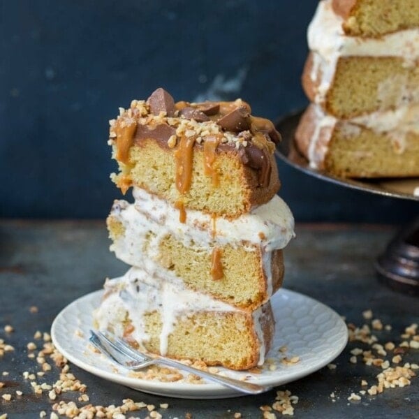 Chocolate Peanut Butter Ice Cream Cake with Salted Caramel - this three layer cake is an easy crowd-pleaser. A great Summer dessert!