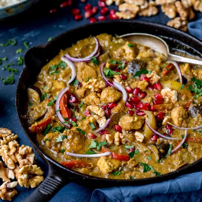image of Persian Style Chicken Curry With Walnuts and Pomegranate recipe by Kitchen Sanctuary
