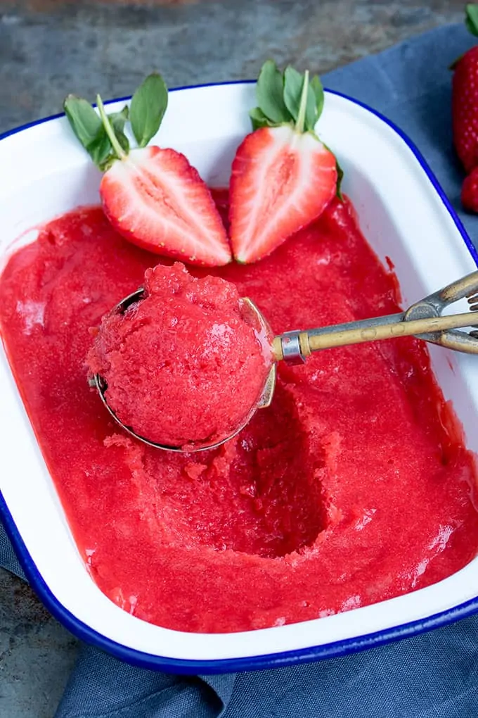 Only five ingredients needed for this Easy Strawberry and Rhubarb Sorbet. No churn, refined sugar free and gluten free too!