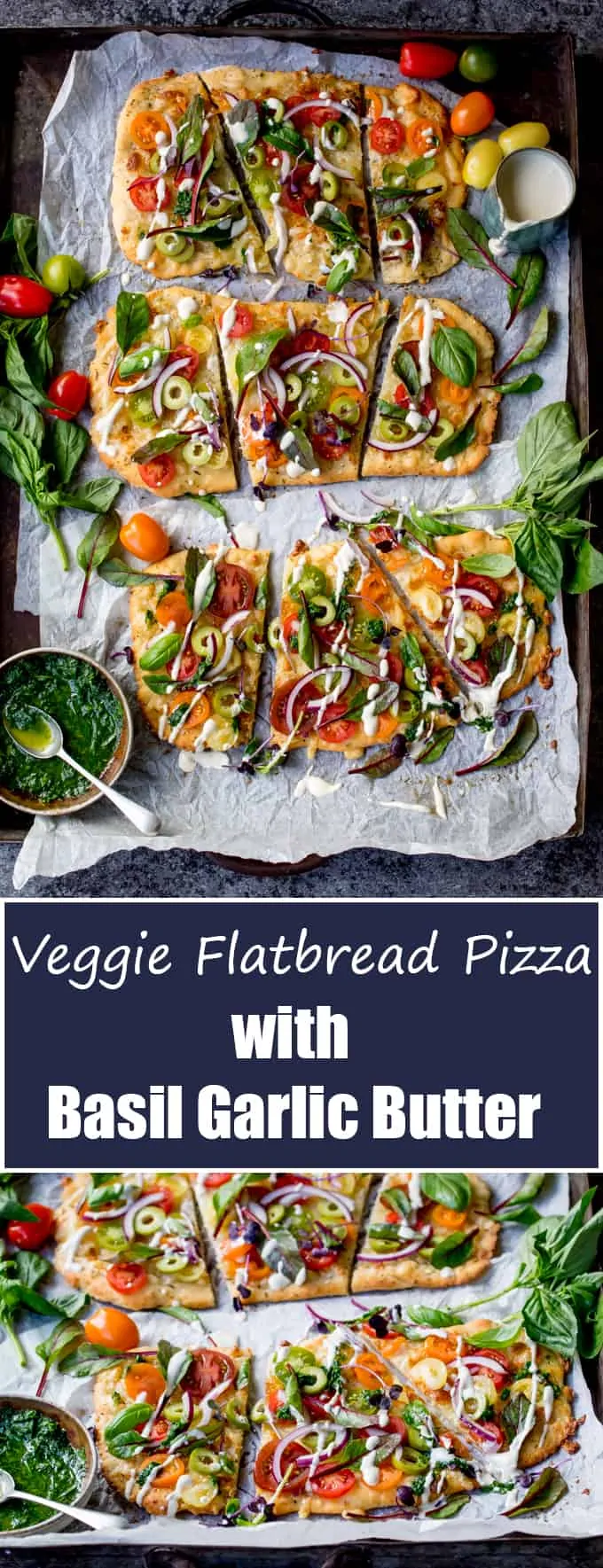 This Vegetarian Summer Tomato Pizza with Basil Garlic Butter and creamy cashew drizzle is a meal even the meat-eaters will love. The homemade no-knead, no-prove flatbread base is super quick to make!