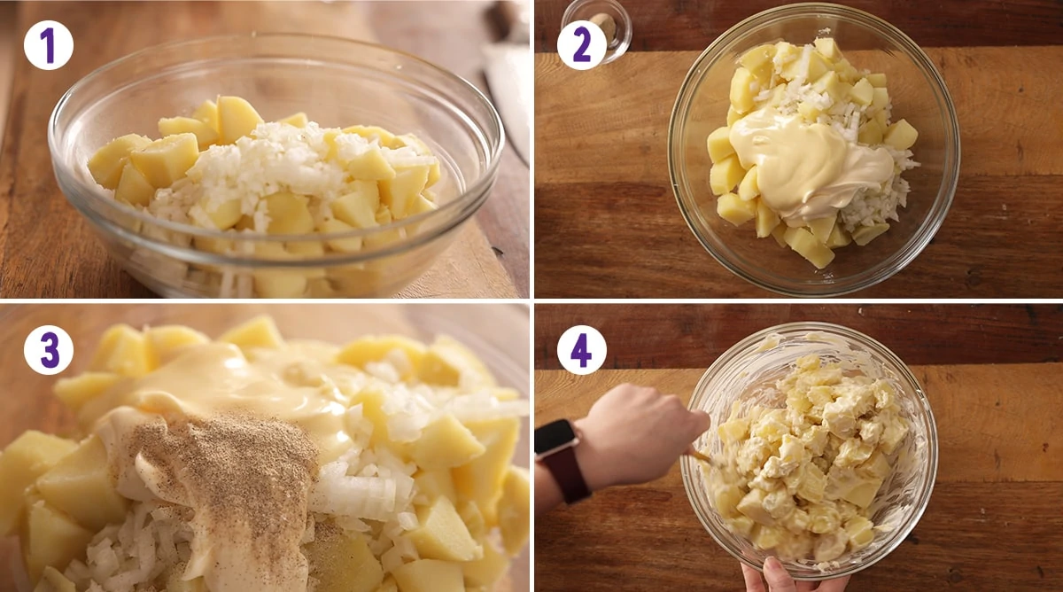 4 image collage showing process steps for making potato salad